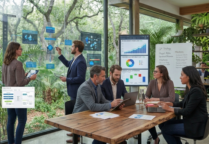 A business meeting taking place in a modern office with large glass windows and a view of trees. Five people are seated around a wooden table, and two are standing and presenting data with digital screens and a whiteboard.