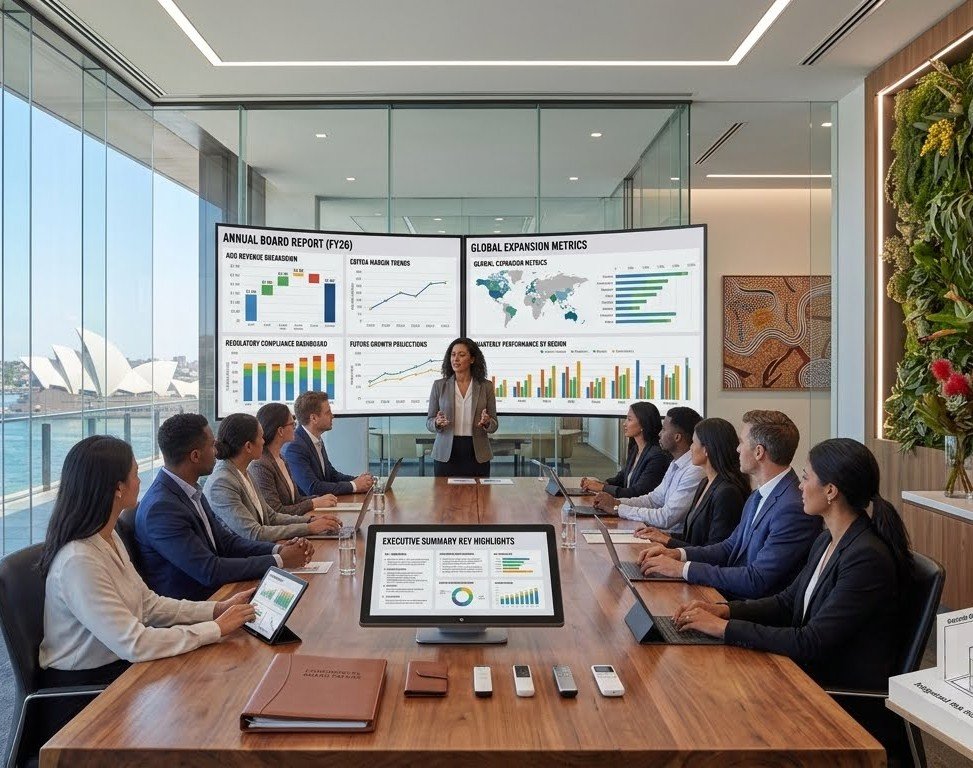 A business meeting conference room with 12 people, 6 men and 6 women, sitting around a large wooden table with laptops and tablets. A woman is standing at the front presenting in front of large display screens showing charts and graphs.