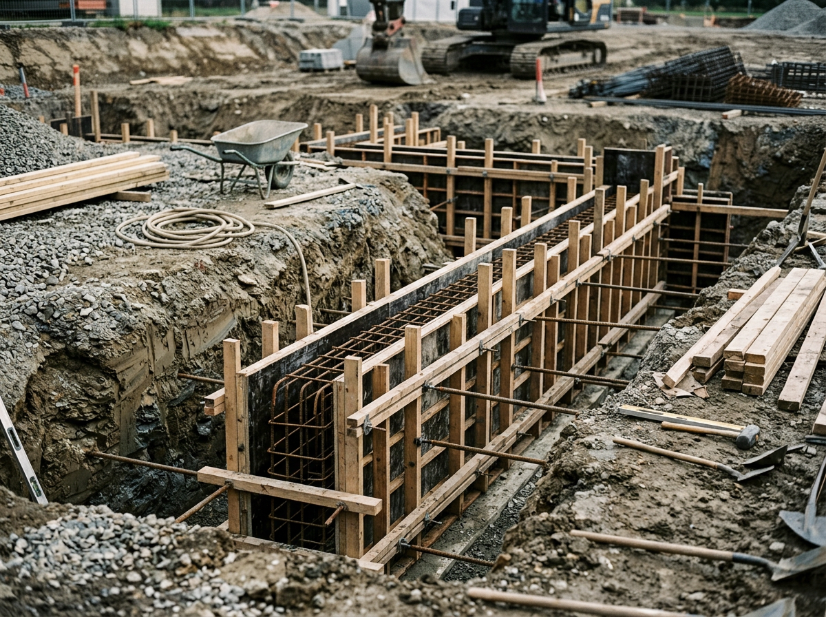 Construction site with wooden formwork and rebar for pouring concrete foundation, surrounded by excavated dirt and construction tools.