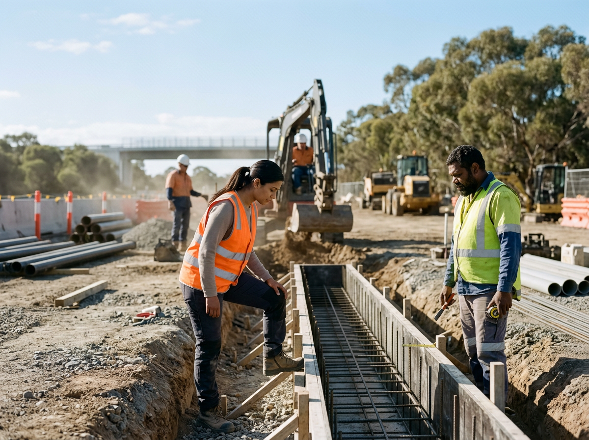 Construction workers at a site working on laying concrete rebar for a foundation, with construction equipment and pipes in the background.