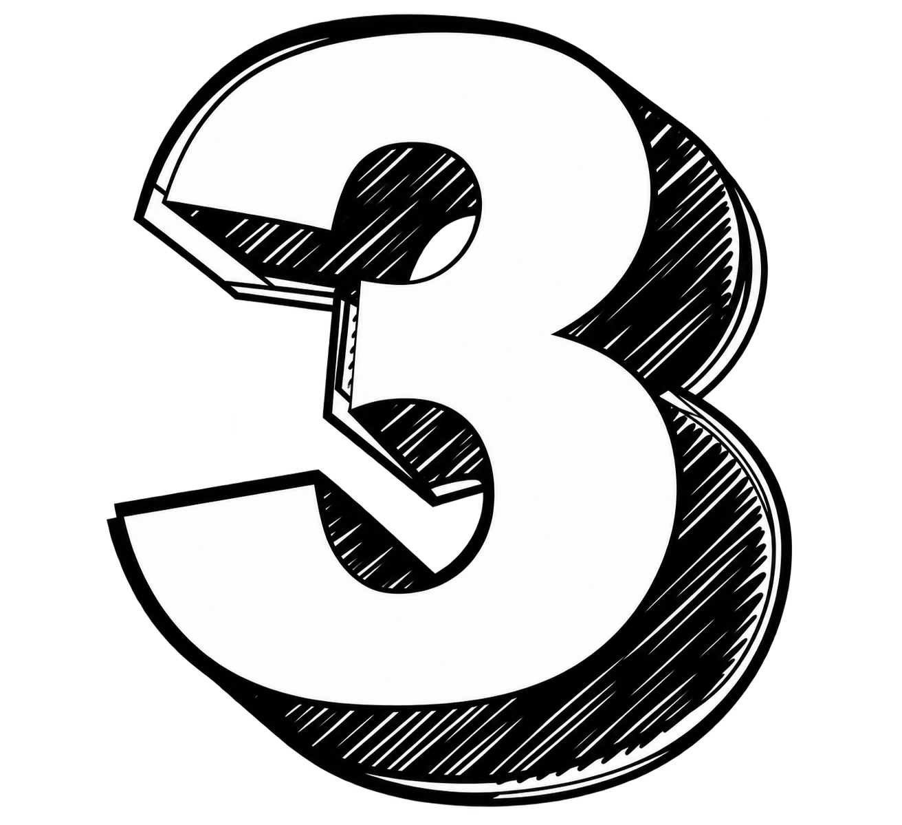 A black and white, 3D-style illustration of the number three.