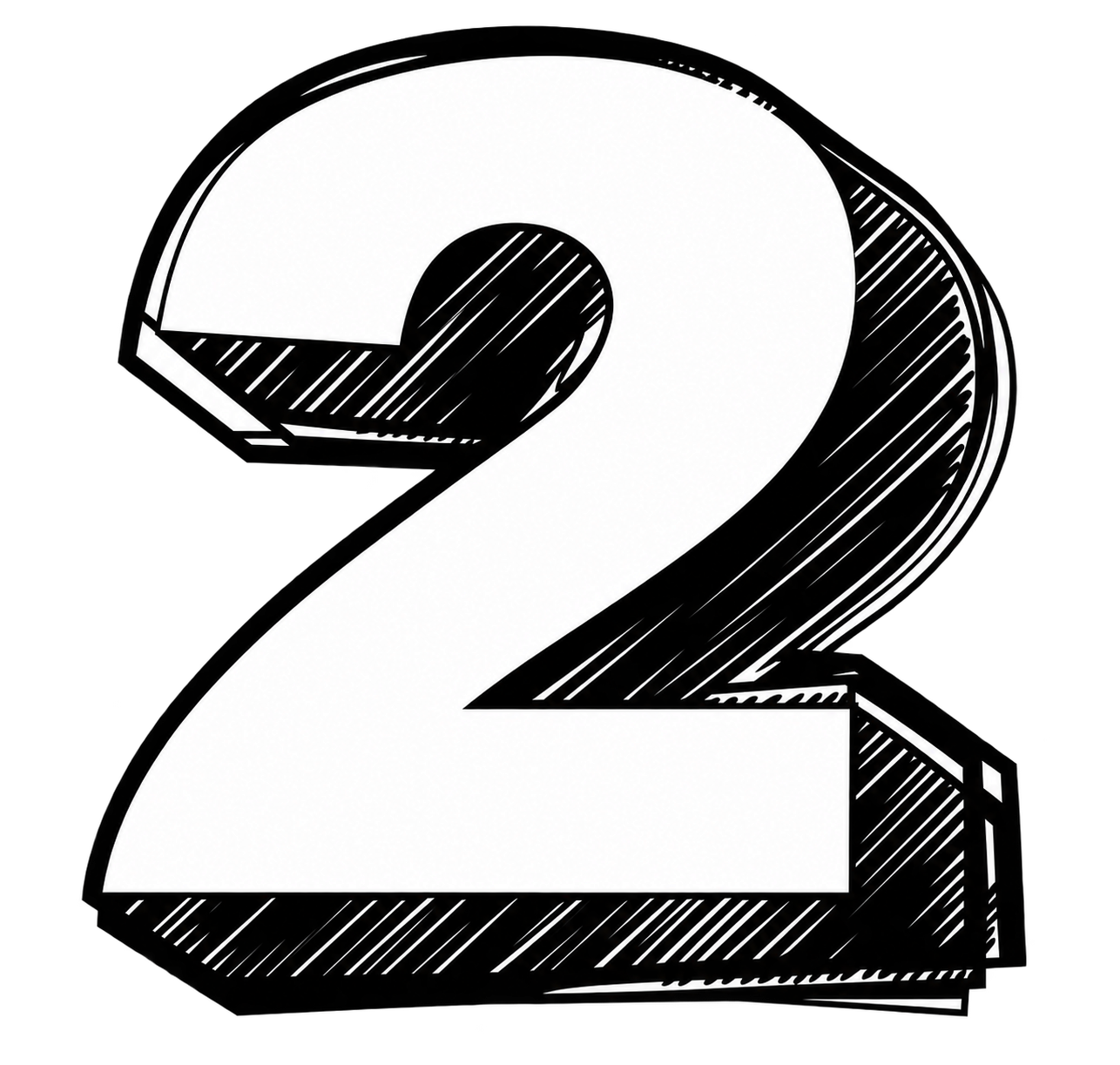 Black and white illustration of the number 2 with a bold, three-dimensional style.