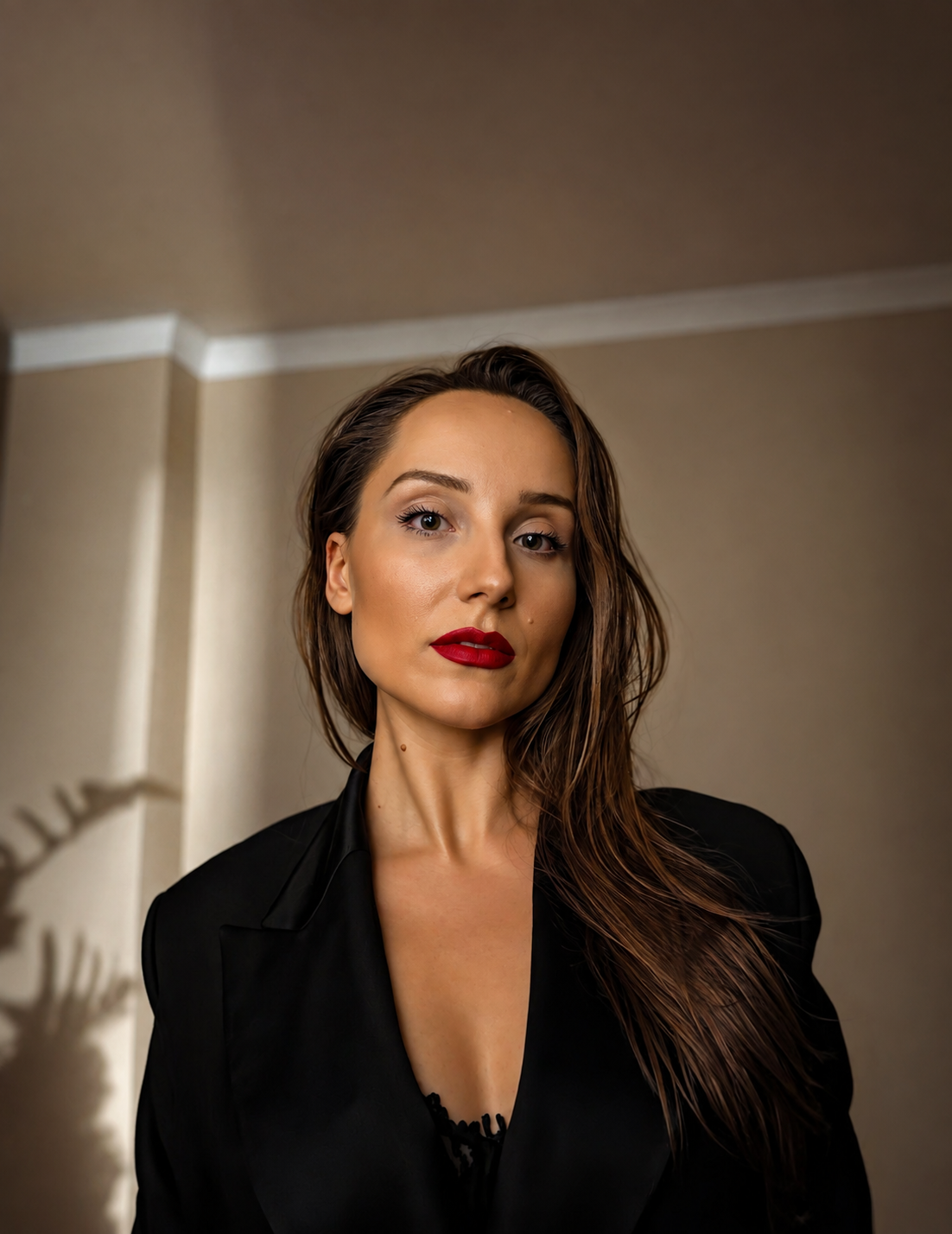 A woman with long brown hair and red lipstick wearing a black blazer, posing indoors with a neutral background.