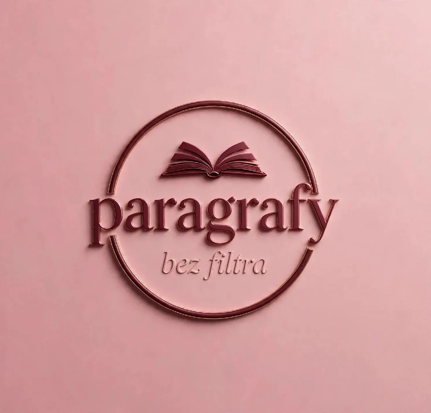 Pink circular logo with an open book icon at the top, the word 'paragrafy' in large font below, and the phrase 'bez filtra' in smaller script underneath, all on a pink background.