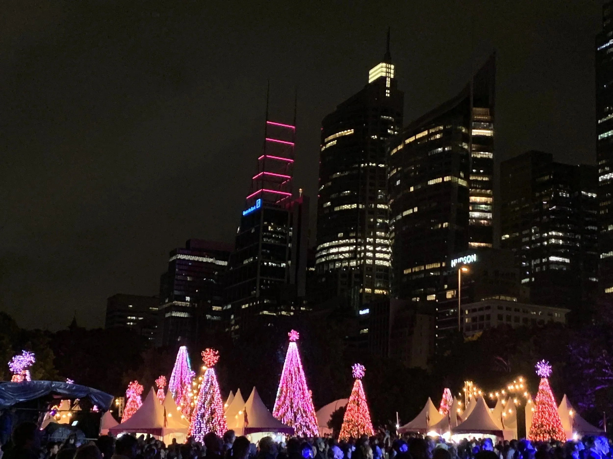 Skyline view of NOEL Sydney Christmas market