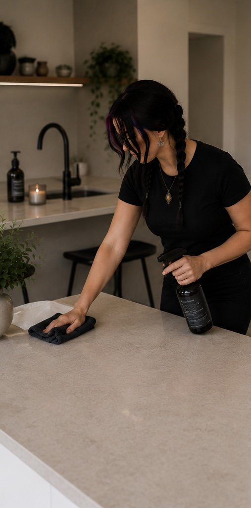 Woman cleaning a kitchen counter with a spray bottle and cloth, wearing a black shirt and  braided hair