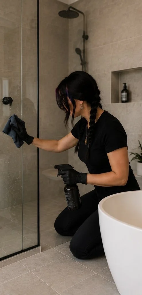 A woman cleaning a glass shower door in a bathroom, kneeling on the floor and wearing black gloves while holding a spray bottle and cloth.
