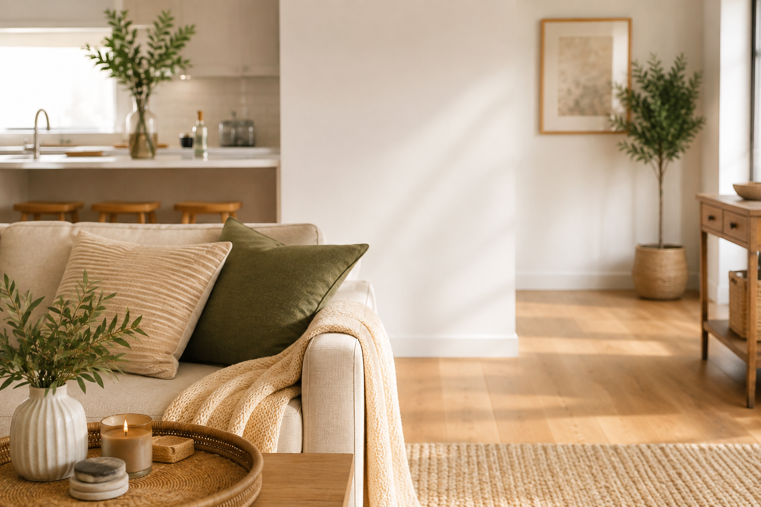 Living room with beige sofa, green and beige pillows, a round wicker tray with decor and candle, holding a vase with green plant, in a cozy stylish space with wooden furniture and natural lighting.