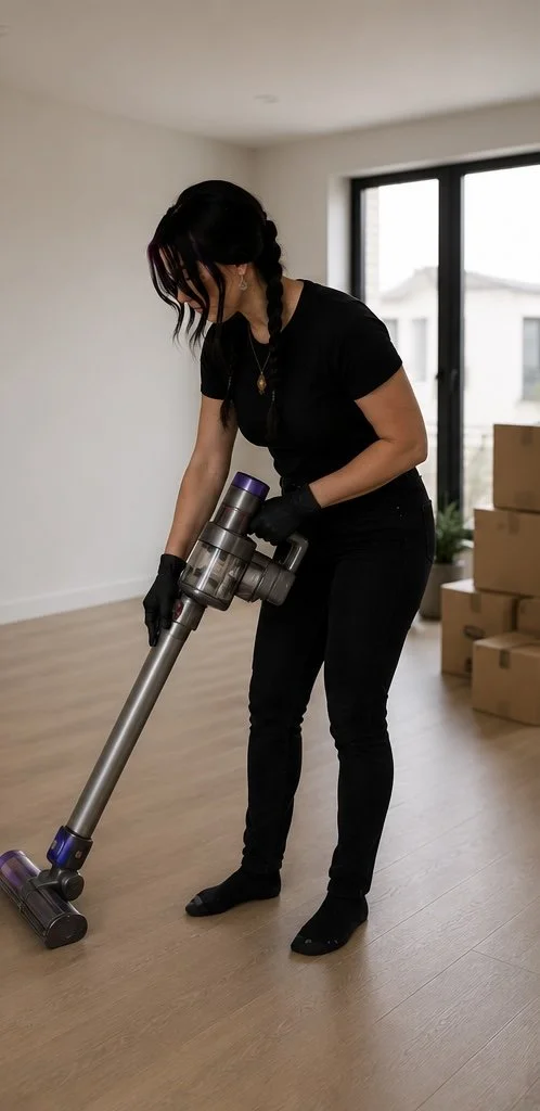 A woman in black clothes and gloves is vacuuming a wooden floor in a bright room with large windows and stacked cardboard boxes.