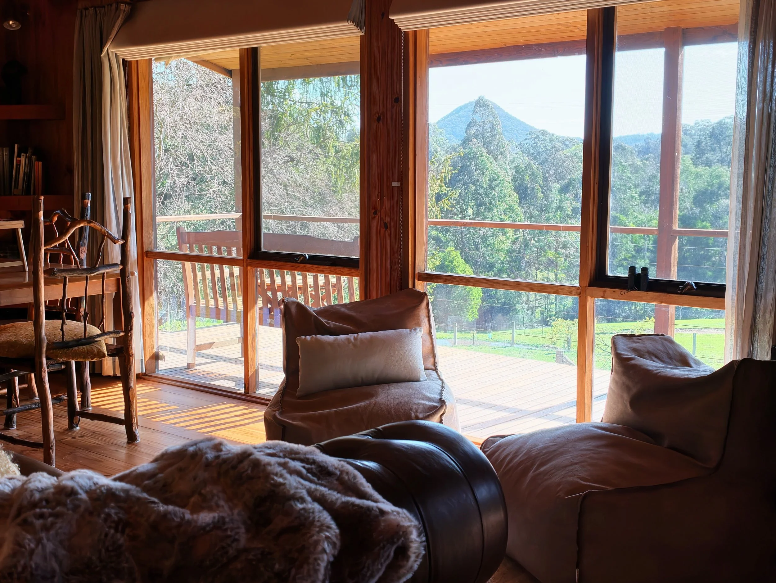 Living room with large windows showing trees and a mountain outside, cozy furniture, and wooden interior decor.