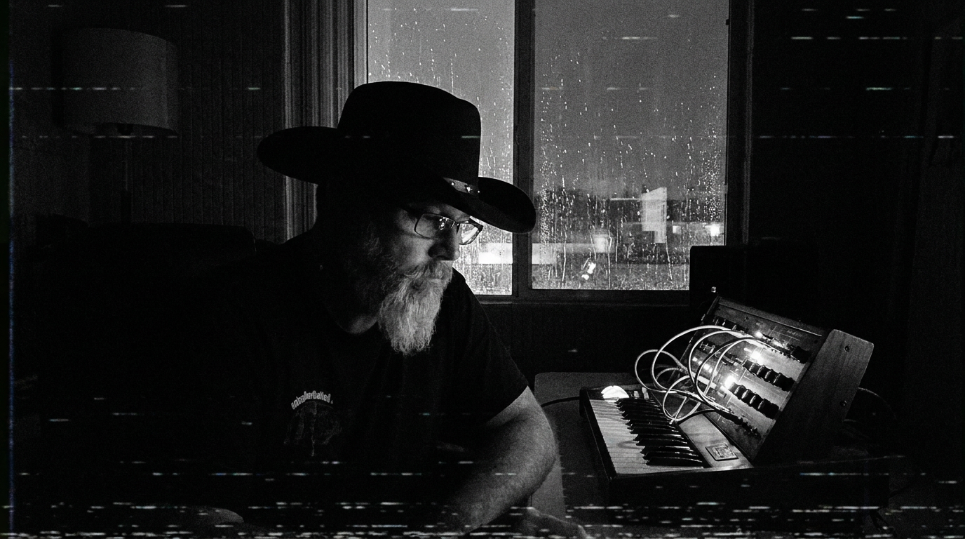 Steven Bonn of Psychic Sound Machine with glasses wearing a wide-brimmed hat sitting beside an electronic keyboard in a dimly lit room with rain outside the window.