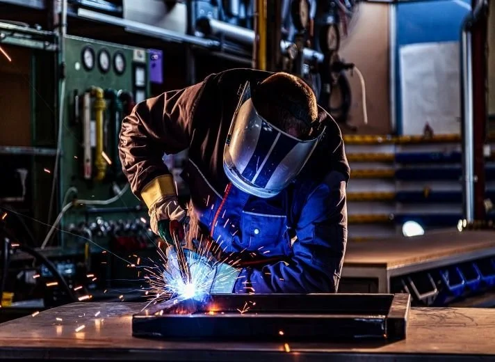 A person welding metal in a workshop, wearing protective gear including a welding helmet and gloves, with sparks flying.