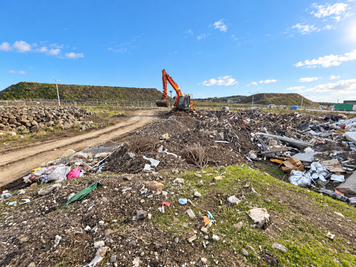 Scene of destruction with scattered debris and rubble, with an excavator in the background and dark stormy clouds overhead.