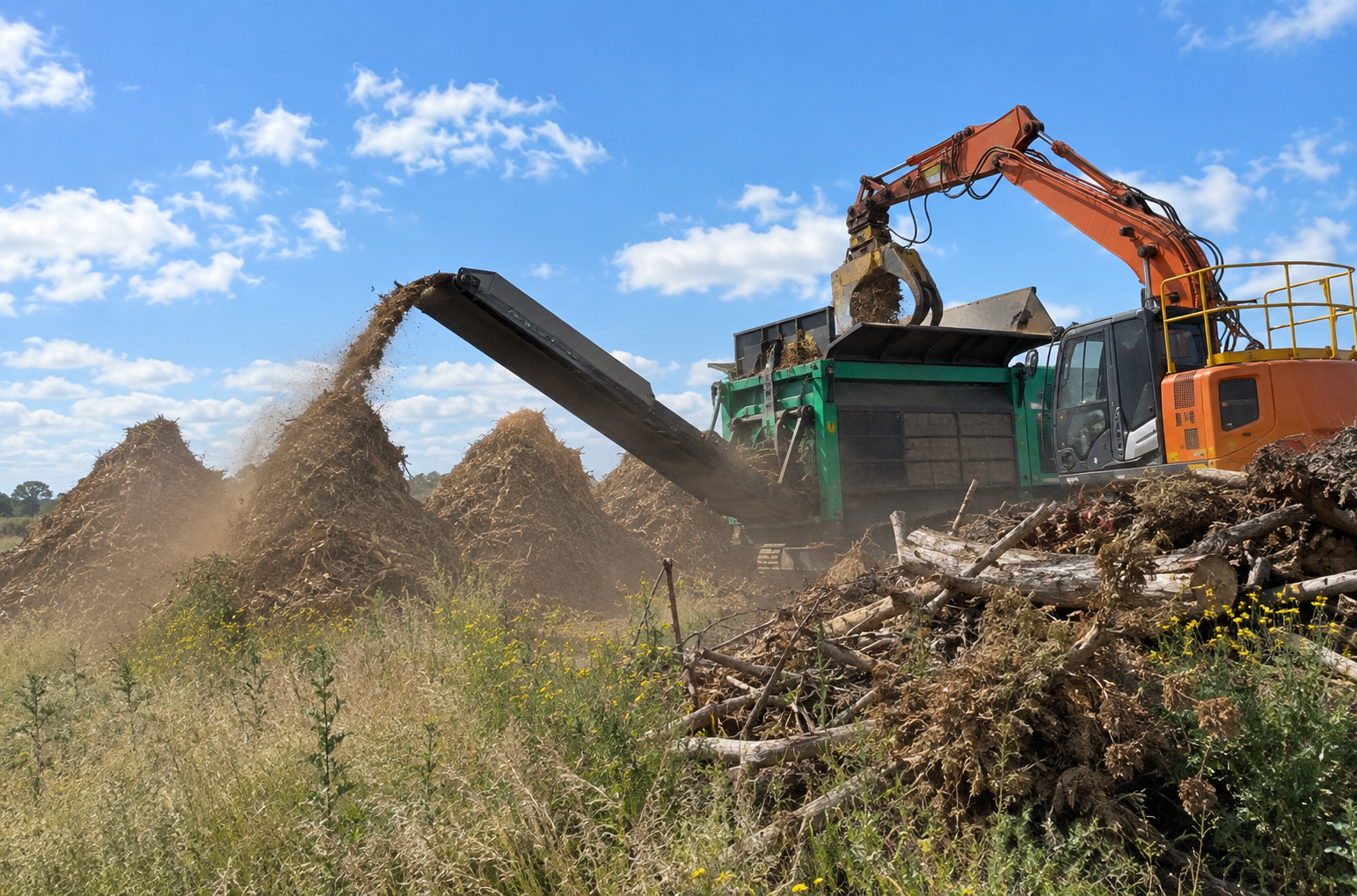 Industrial wood chipping machine processing wood into mulch, with a large pile of wood chips nearby and a clear blue sky in the background.