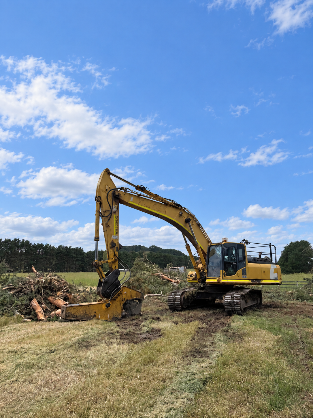 Excavator with Shear attachment shearing trees