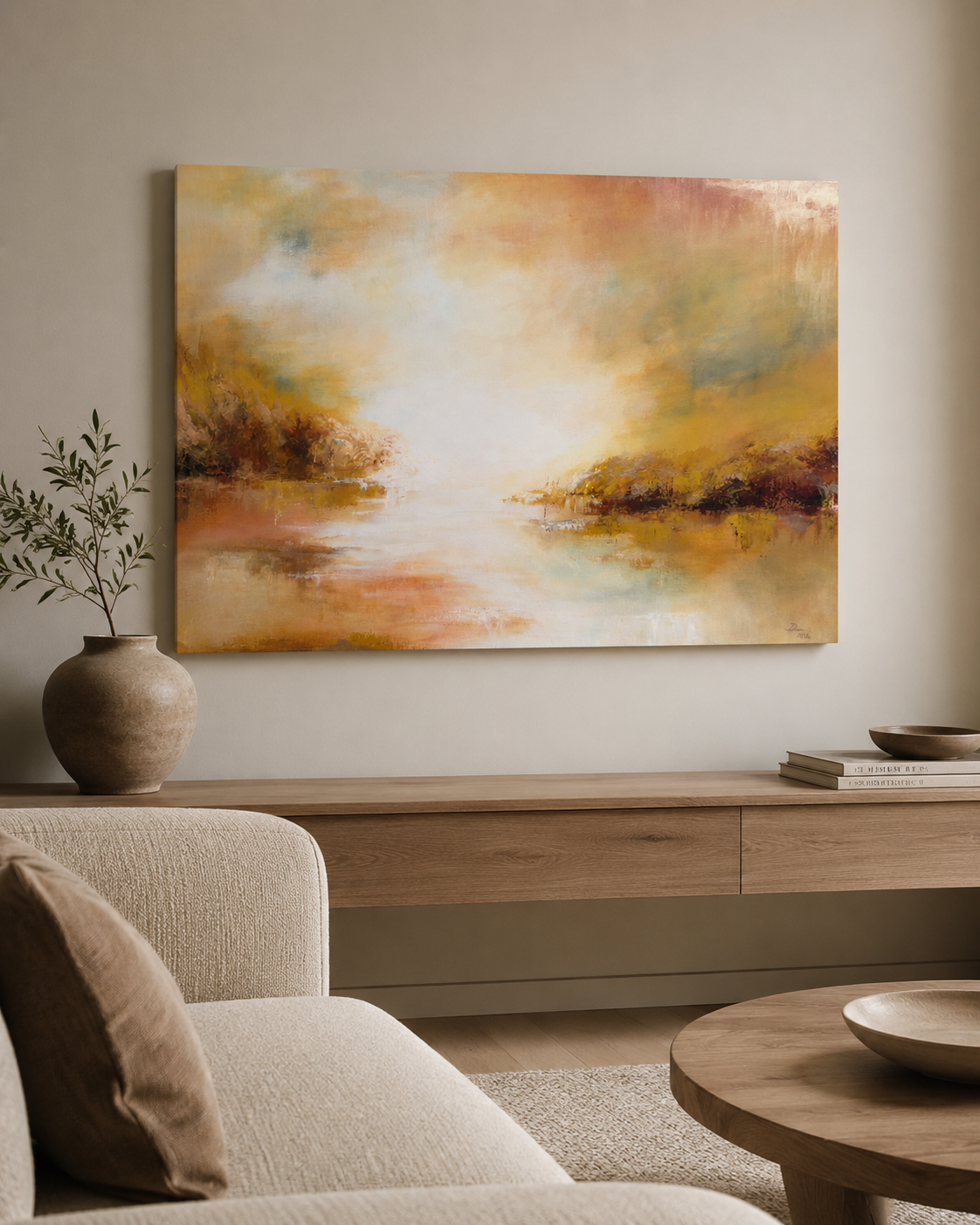 Crossing, original abstract landscape painting by Lea Dékány, featuring layered blue, earthy tones and a luminous atmospheric interplay of movement and light.