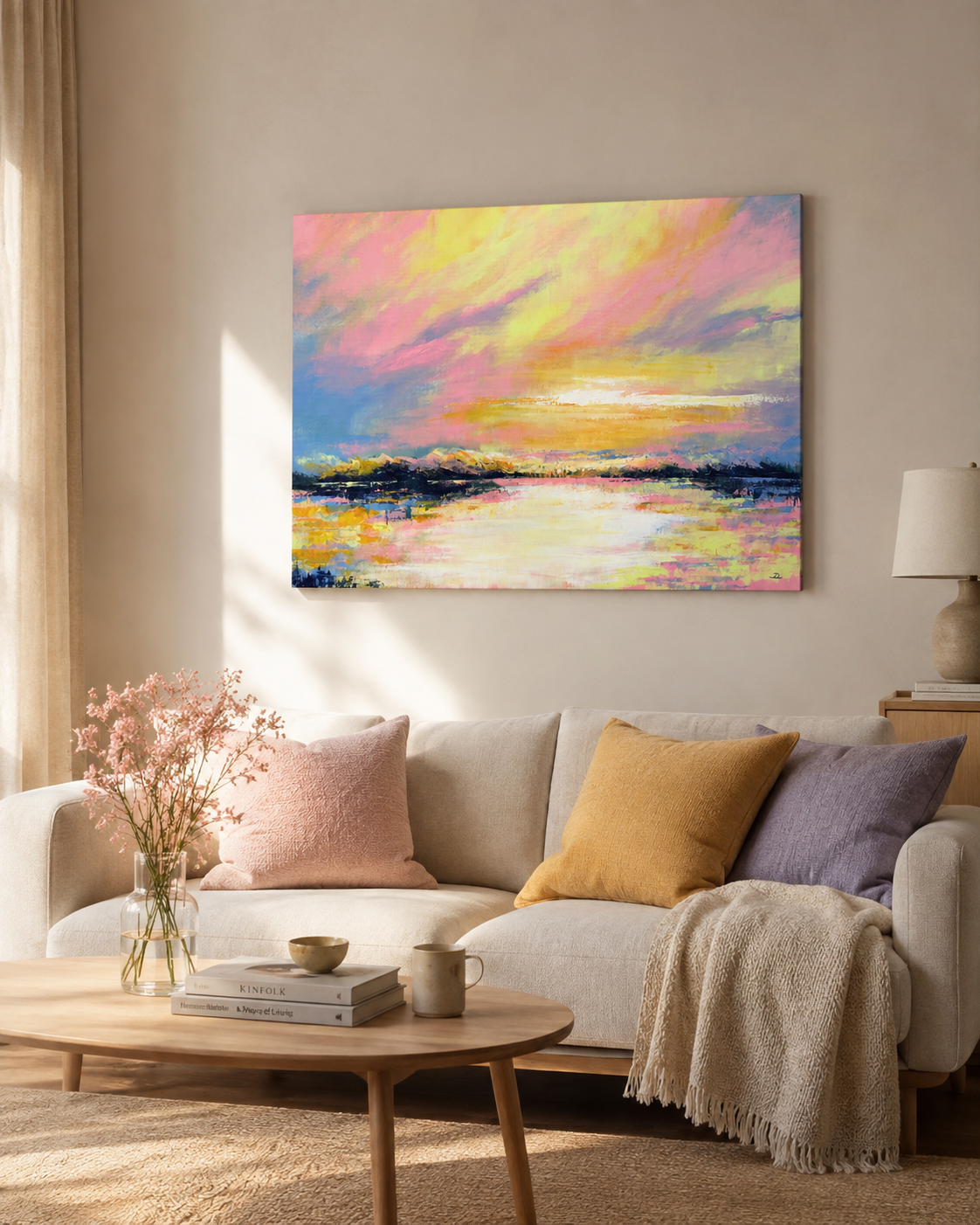 Neon I, original abstract landscape painting by Lea Dékány, featuring vivid neon pink, deep blue and luminous atmospheric contrasts.