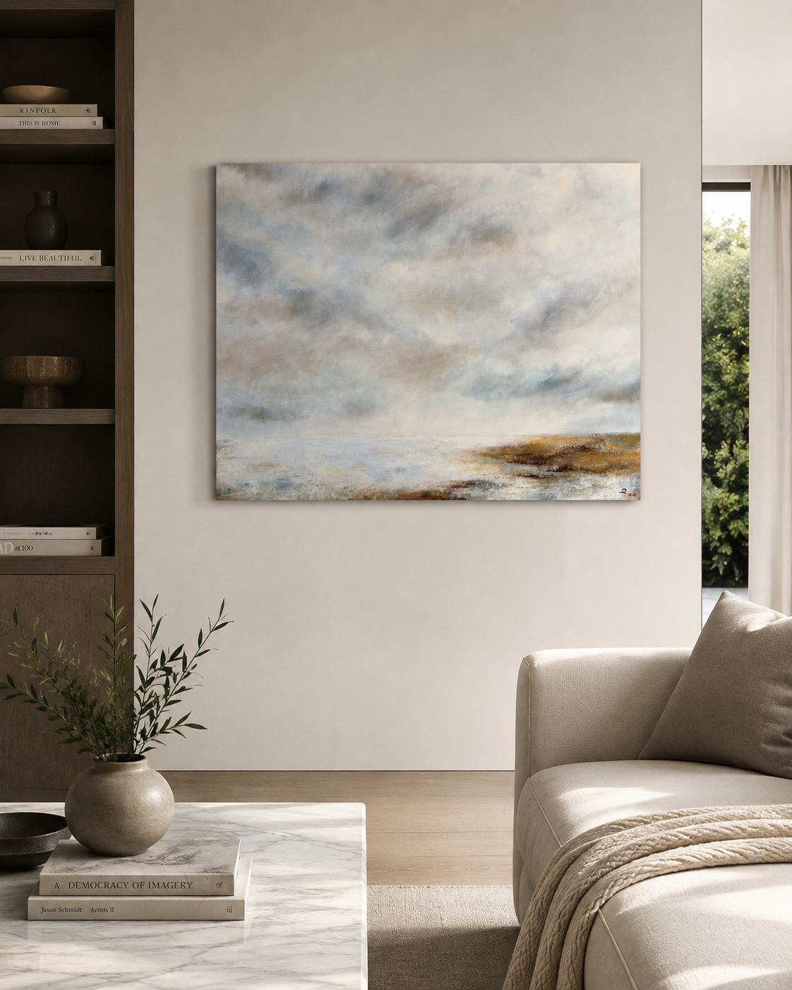Haze, original abstract landscape painting by Lea Dékány, featuring soft blue, muted earthy tones and a misty atmospheric quality.