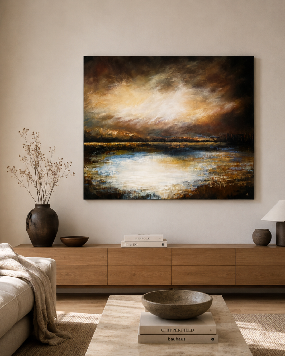 Quieting, original abstract landscape painting by Lea Dékány, featuring soft blue, muted earthy tones and a calm atmospheric quality.