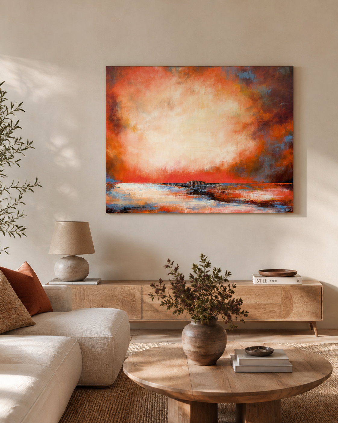 Glimmer II, original abstract landscape painting by Lea Dékány, featuring vivid vermilion, deep blue and atmospheric tones.