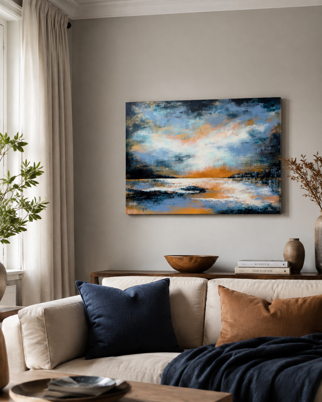 Cold Gold, original abstract landscape painting by Lea Dékány, featuring cool blue tones contrasted with warm golden light and a quiet atmospheric mood.
