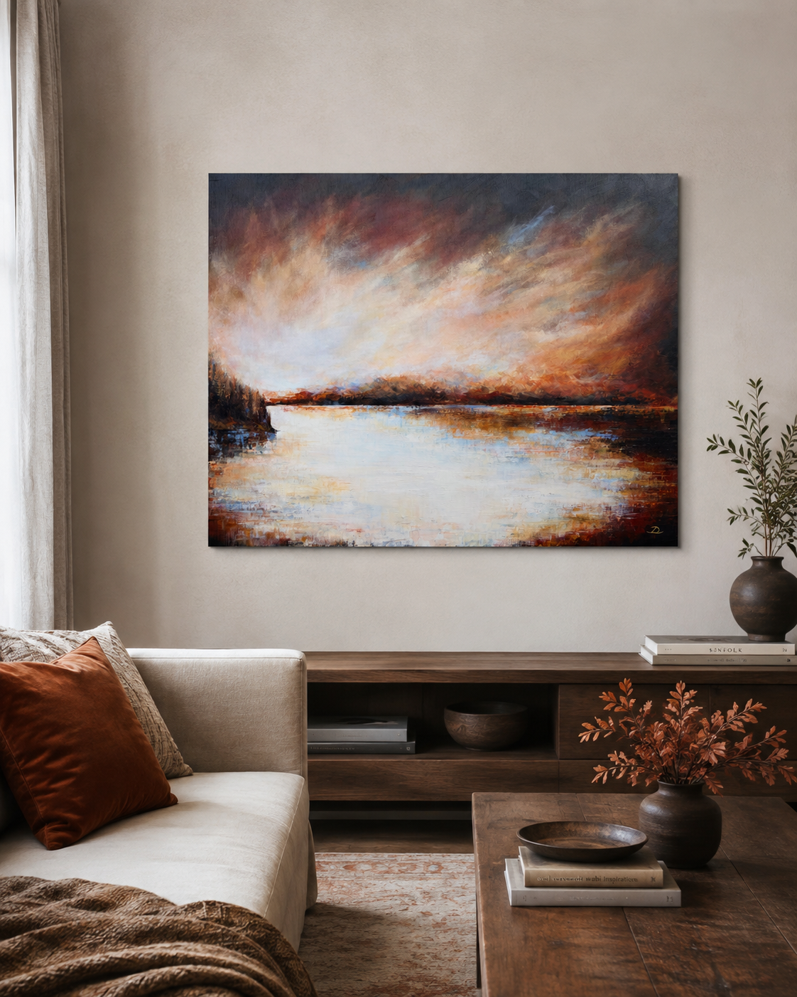 Approach, original abstract landscape painting by Lea Dékány, featuring layered blue, muted earthy tones and a luminous atmospheric center.