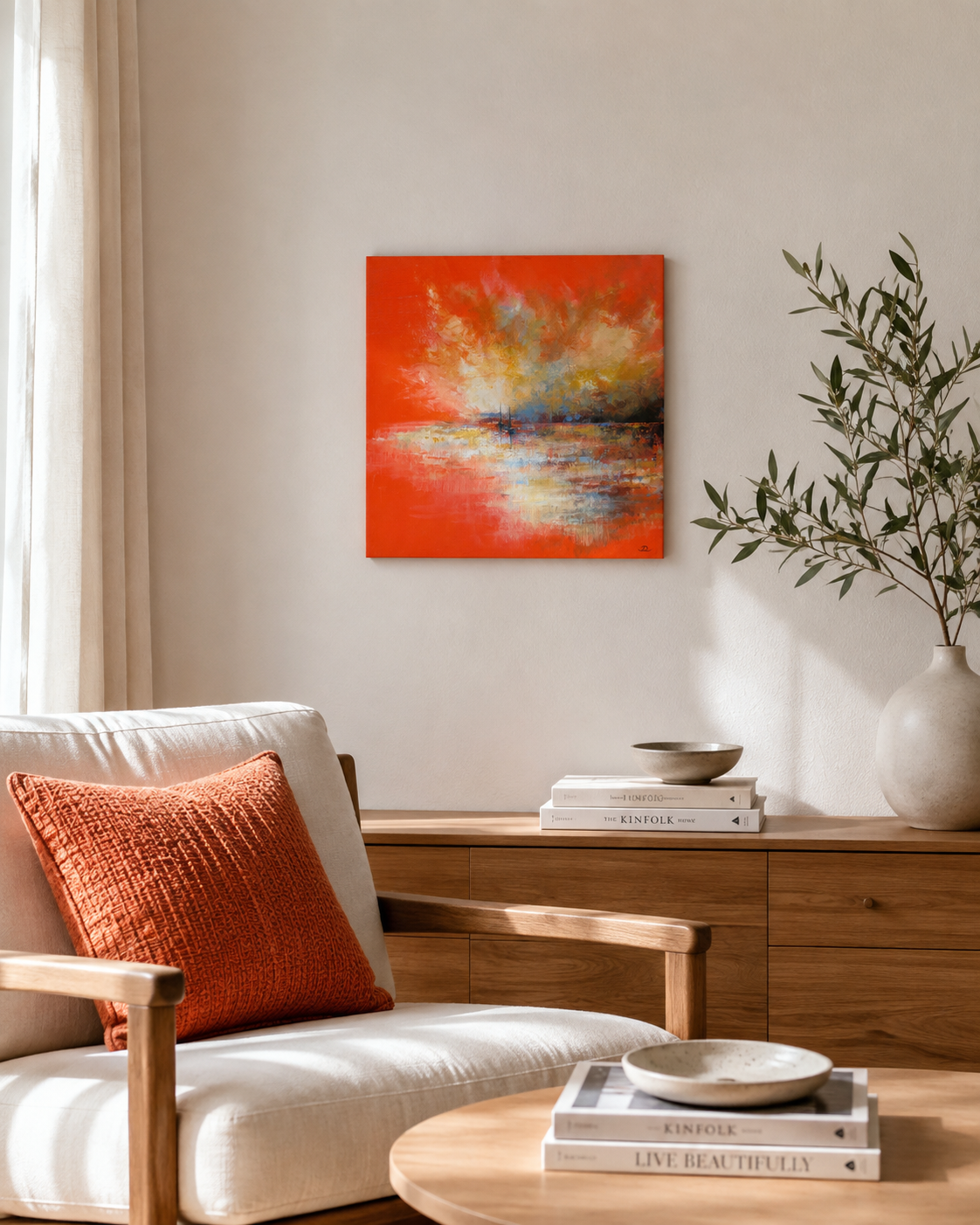 Petite Glimmer, original abstract landscape painting by Lea Dékány, featuring luminous blue and warm golden tones in a smaller format.