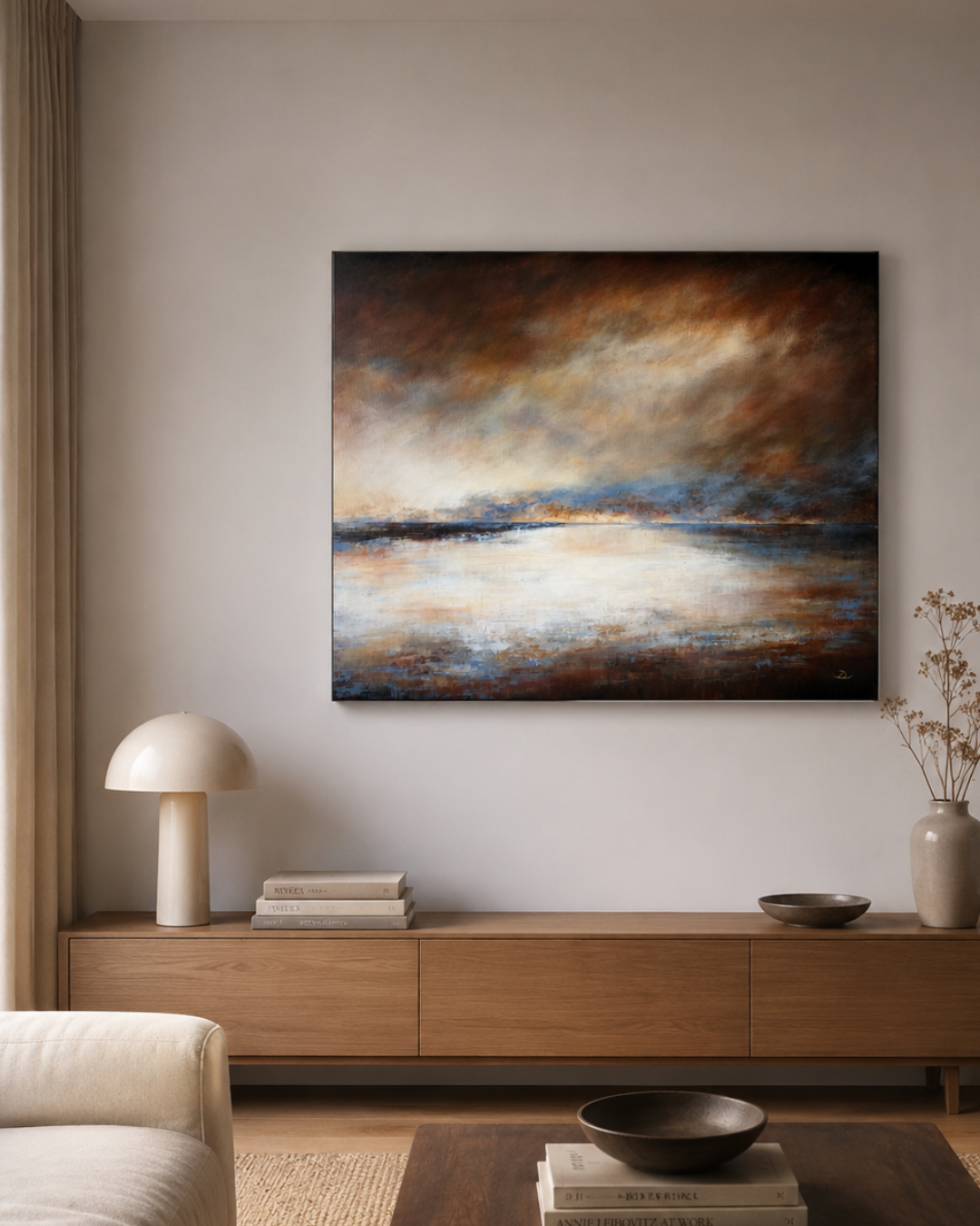 Suspension, original abstract landscape painting by Lea Dékány, featuring deep blue, earthy rust and luminous atmospheric tones.