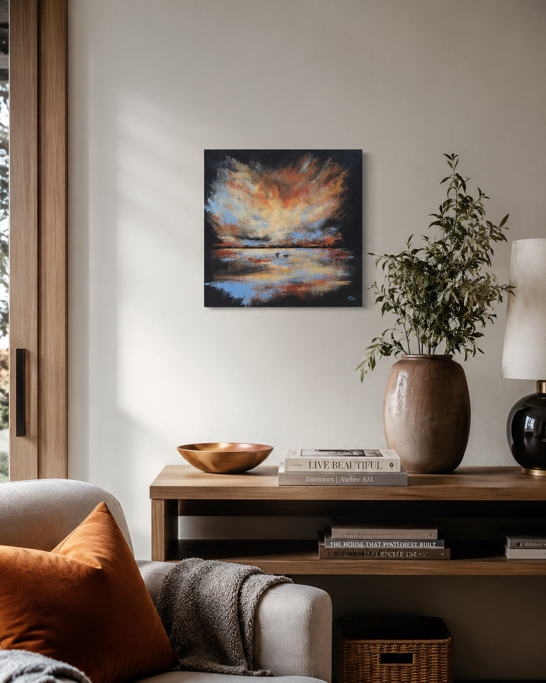 At the Edge of the Storm – Petite, original abstract landscape painting by Lea Dékány, featuring deep blue, muted earthy tones and a compact atmospheric composition.