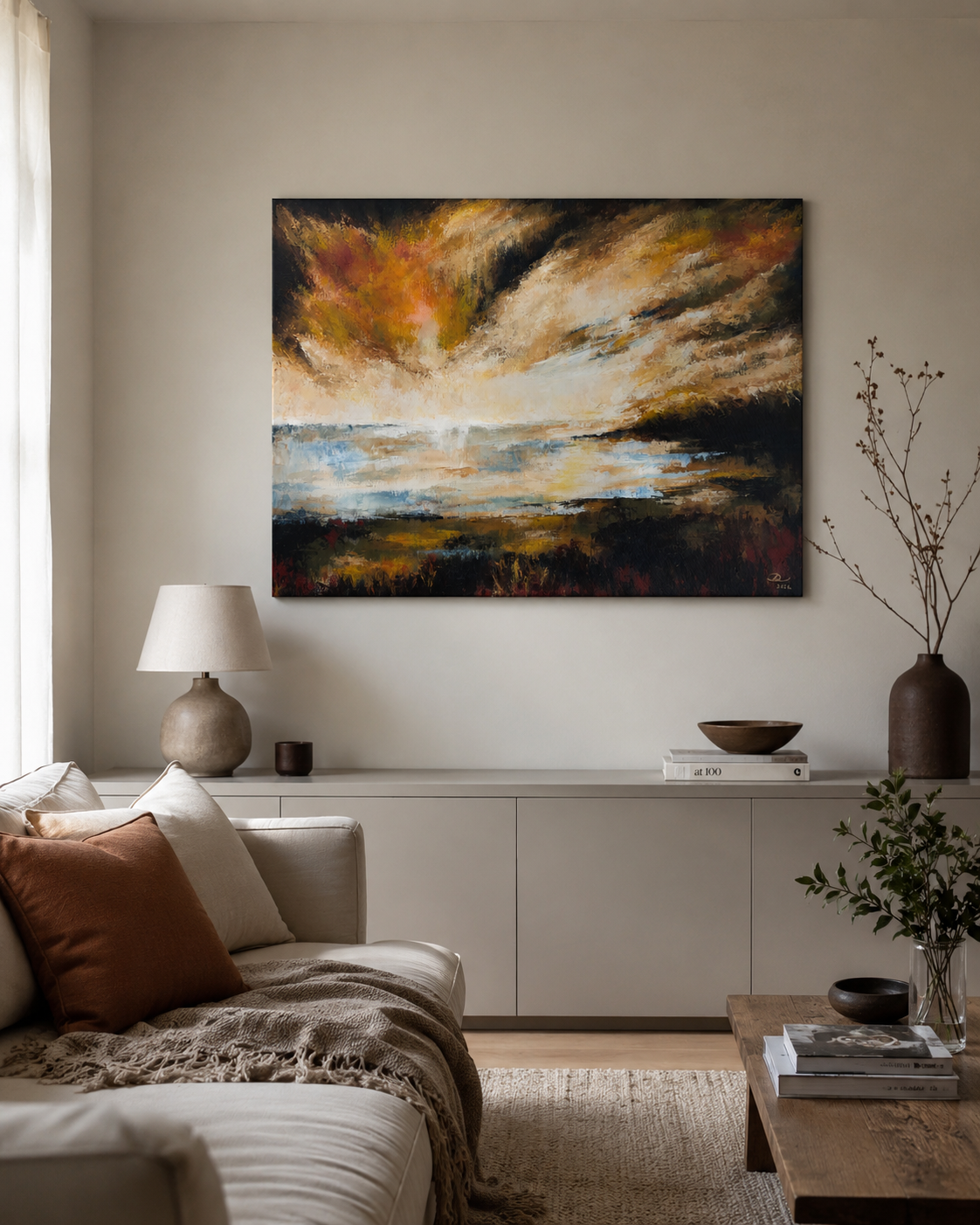 Storm of Light, original abstract landscape painting by Lea Dékány, featuring luminous blue, warm golden tones and a radiant atmospheric quality.