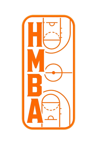 Basketball court diagram with the word 'HOMEBALL' arranged vertically along the court, with game markings and lines in orange on a black background.