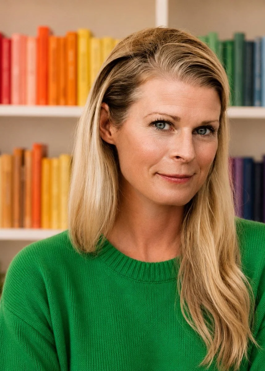 A woman with long blonde hair and blue eyes wearing a bright green sweater standing in front of a colorful bookshelf.