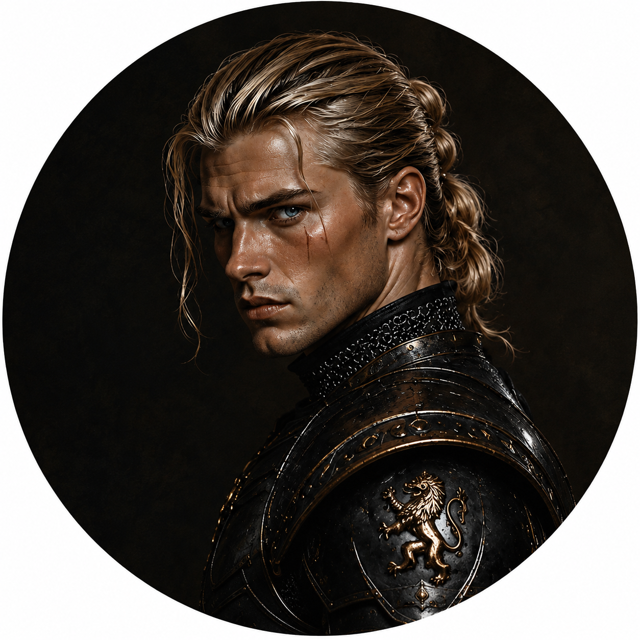 A man with long blonde hair wearing black and gold armor with a lion emblem, looking intensely at the camera against a dark background.