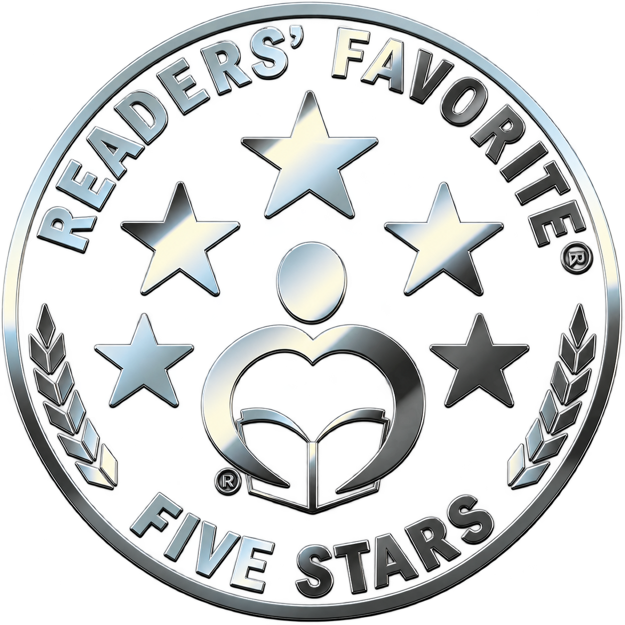 Silver medal with the words 'Reader's Favorite Five Stars' and five stars arranged around a heart-shaped logo with wheat stalks on each side.
