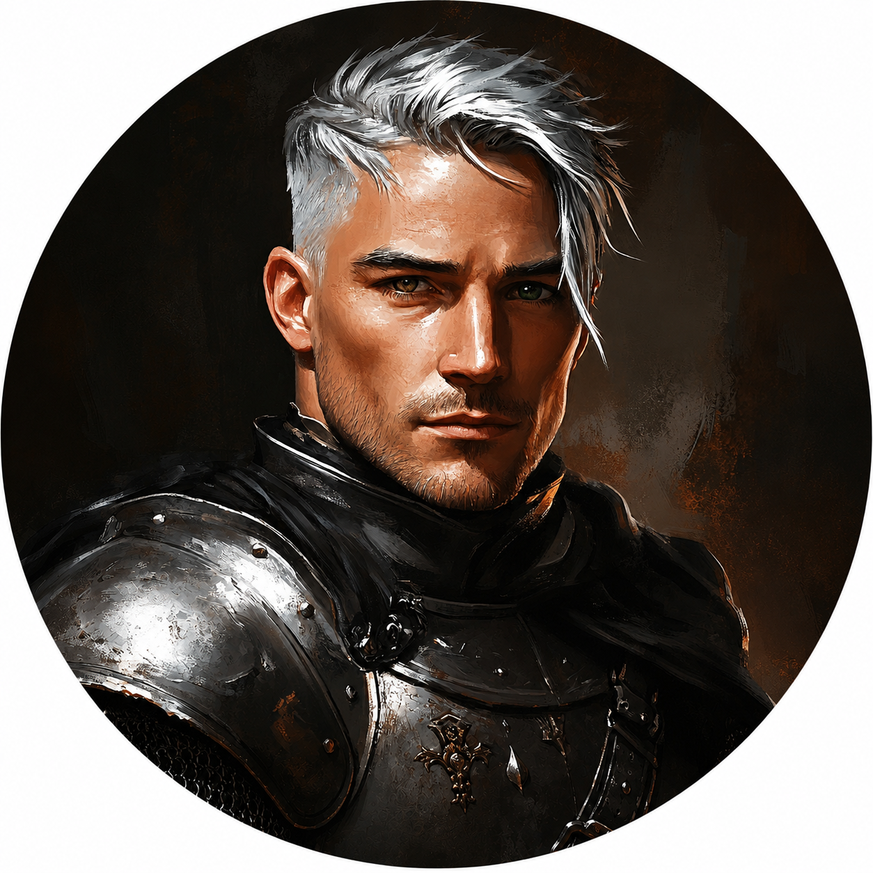 Portrait of a man with silver hair and stern expression, wearing black armor, set against a dark background.