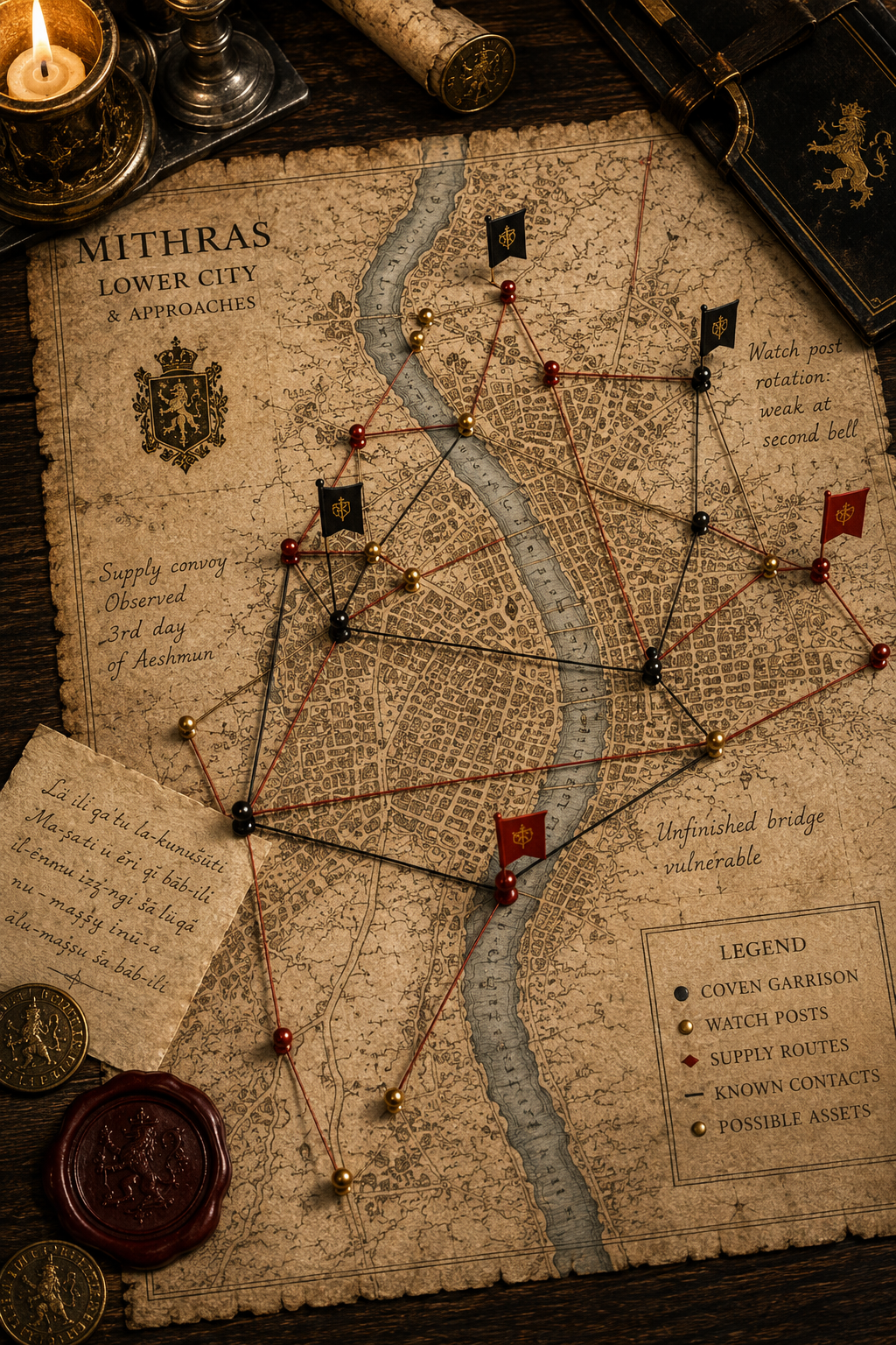 A vintage map titled 'Mithras Lower City & Approaches' with marked supply routes, watch posts, and known contacts, surrounded by candles, coins, and a leather-bound book.