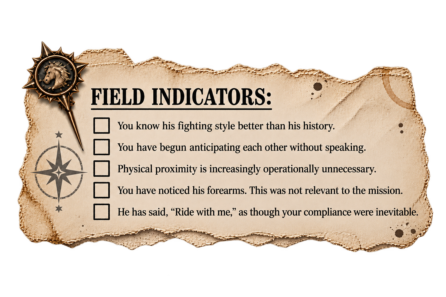 A parchment-style checklist titled 'Field Indicators' with five items and checkboxes, featuring a decorative compass and a horse emblem in the top left corner. The checklist includes statements about familiarity with fighting style, anticipation, proximity, noticing forearms, and following commands.