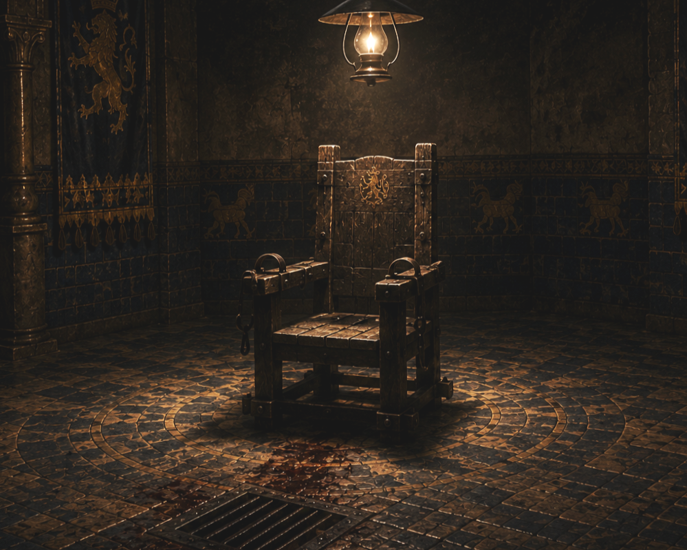 An old wooden throne with chains hanging from the armrests, placed in a dimly lit historic room with medieval-style decor and a stone floor.