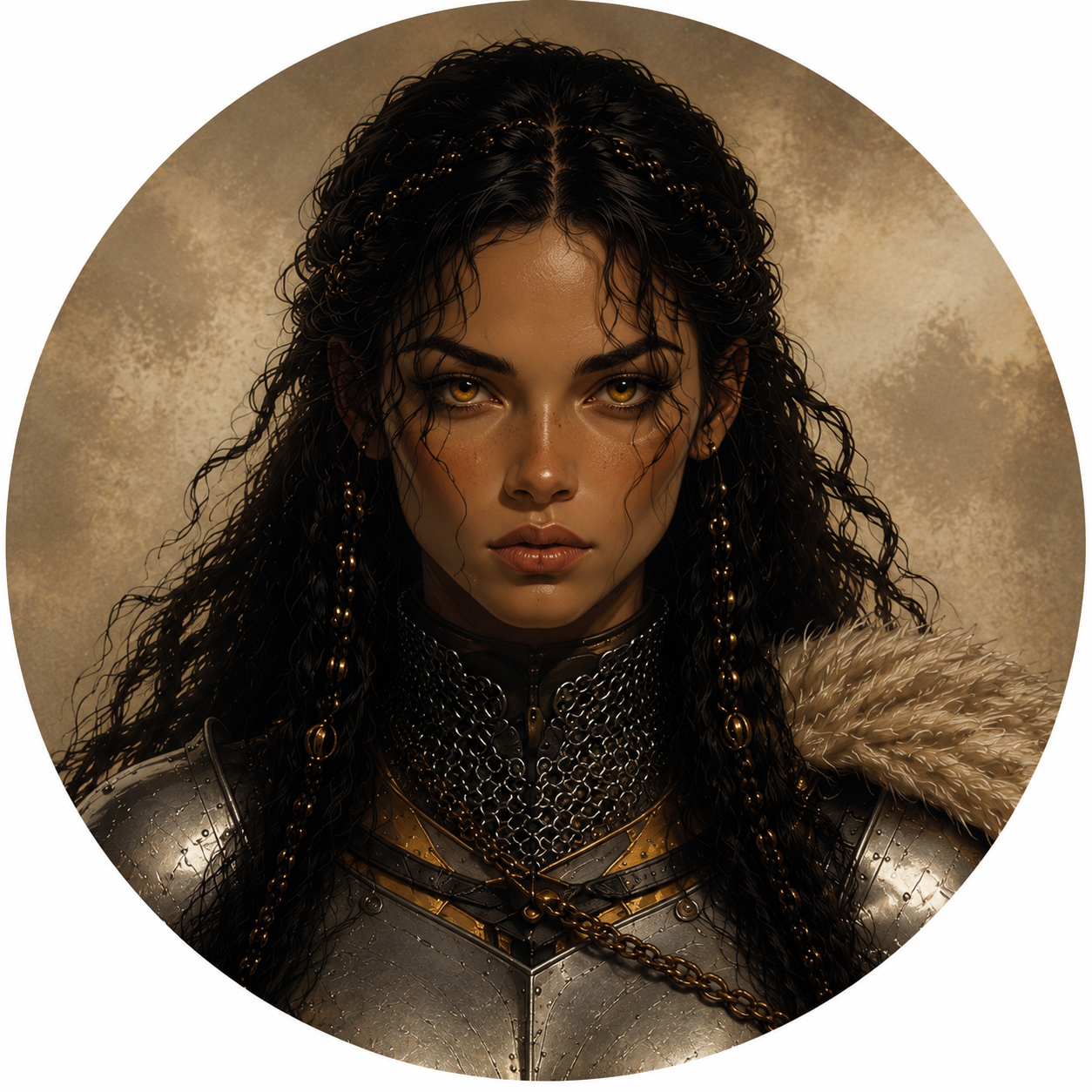 A woman with long, dark, wet-looking curly hair and golden eyes dressed in medieval armor with chainmail and a fur cloak, looking directly at the camera against a textured beige background.
