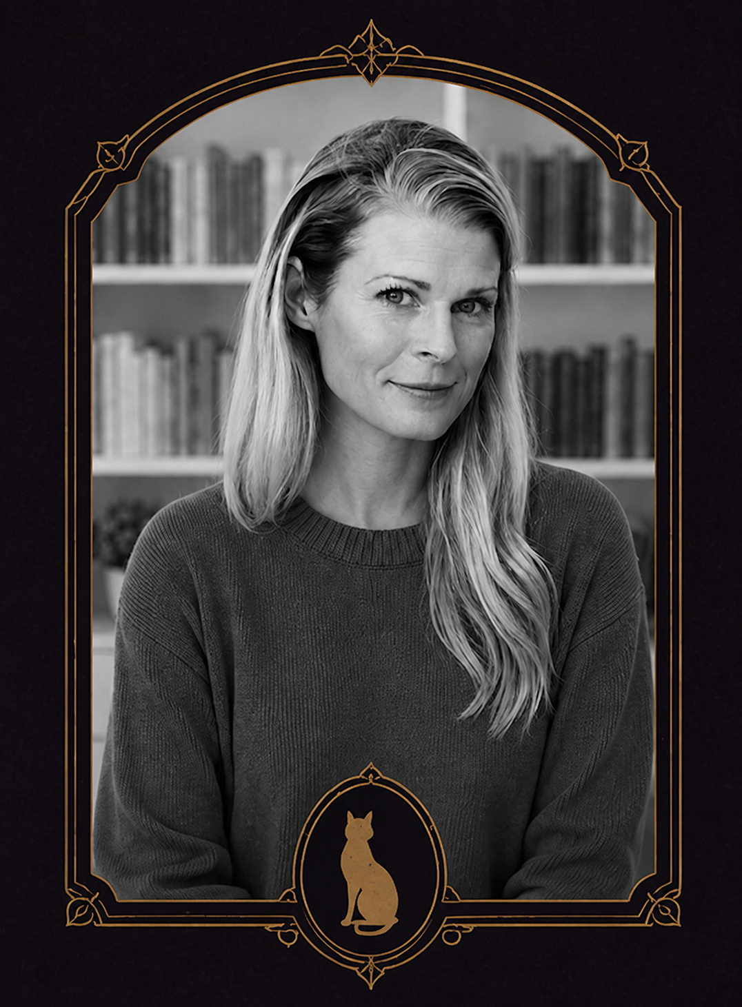 A black and white portrait of a woman with long wavy hair, wearing a sweater, sitting in front of a bookshelf. The photo is framed with decorative gold lines and a silhouette of a sitting cat at the bottom center.