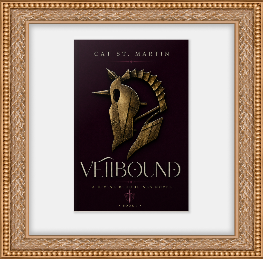 Book cover titled 'Veitbound' by Cat St. Martin, featuring a stylized gold horse head with a dark purple background, framed in an ornate gold frame.