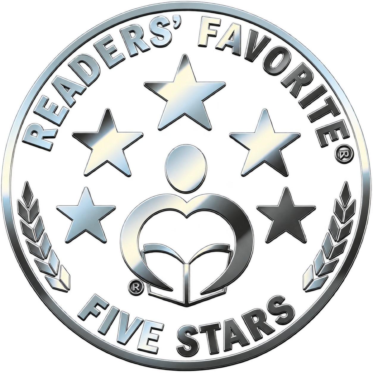 A metallic badge with the text 'Readers' Favorite' at the top and 'Five Stars' at the bottom, featuring five stars arranged in a star shape, and a spiritual symbol in the center.