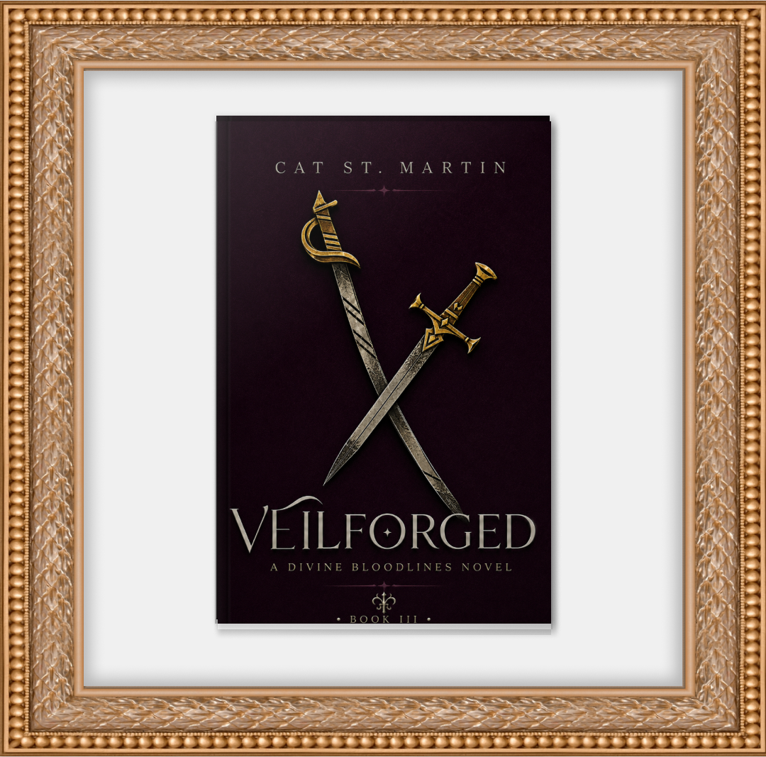 Book cover titled "Veilformed" by Cat St. Martin, depicting two crossed swords with gold and silver blades set against a dark purple background.