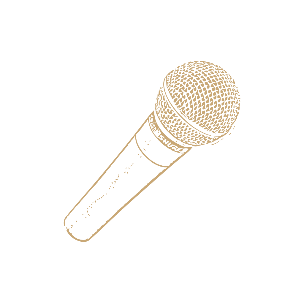 Decorative illustration of a microphone with a gold and black color scheme.