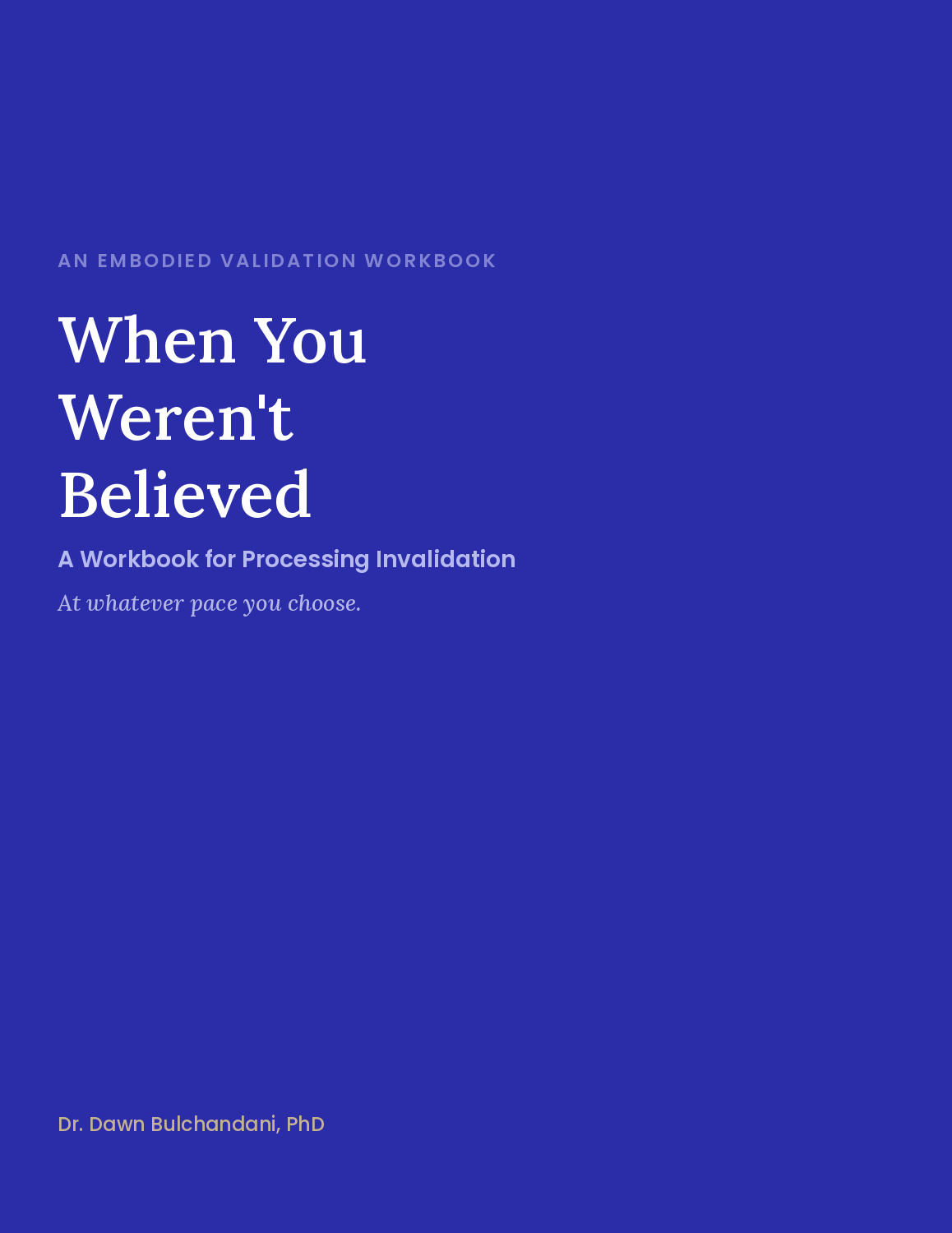 Cover page of a workbook titled "When You Weren't Believed: A Workbook for Processing Invalidations" by Dr. Dawn Bulchandani, PhD, with a dark blue background and white text.