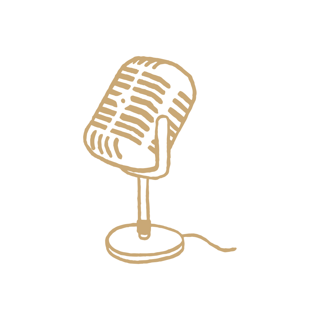 A vintage-style microphone on a stand with a cord, drawn with simple beige lines on a black background.