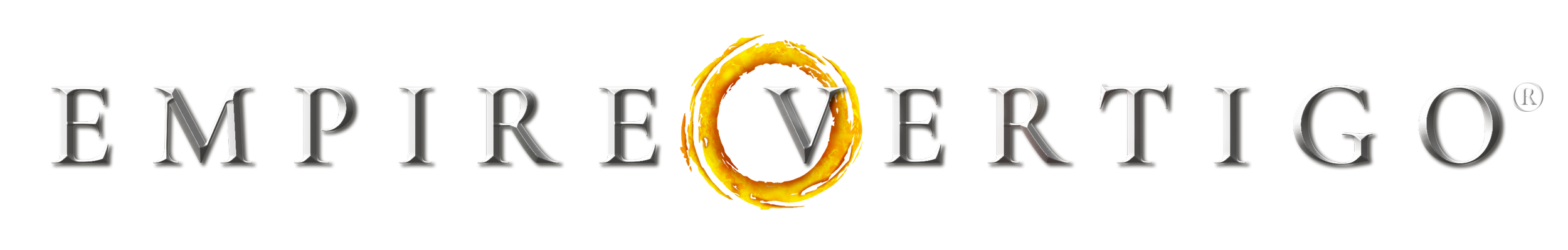 Logo for Empire Vertigo, The hybrid online graphic novel by Adelaide Filippe with stylised silver text and a circular solar emblem in the centre.