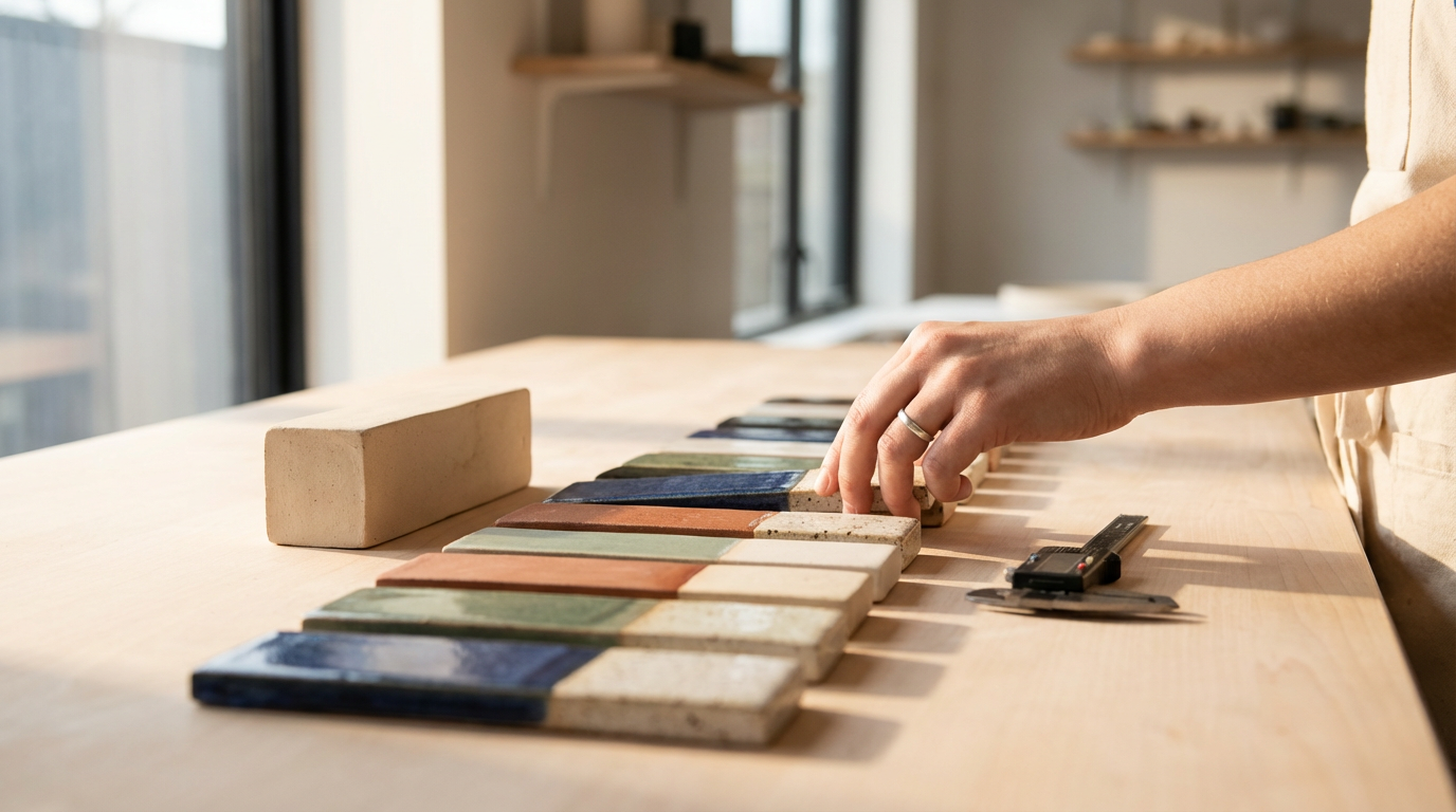 Une personne examinant des échantillons de céramique colorés sur une table en bois, avec un outil de mesure à proximité, dans un atelier lumineux.