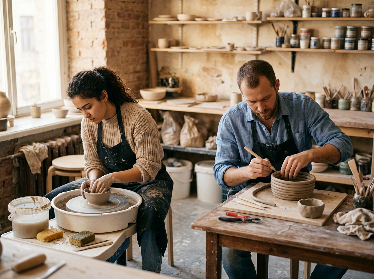 Deux personnes travaillent la poterie dans un atelier, l'une tourne un bol en argile sur un tour de potier, l'autre modèle un bol à la main.