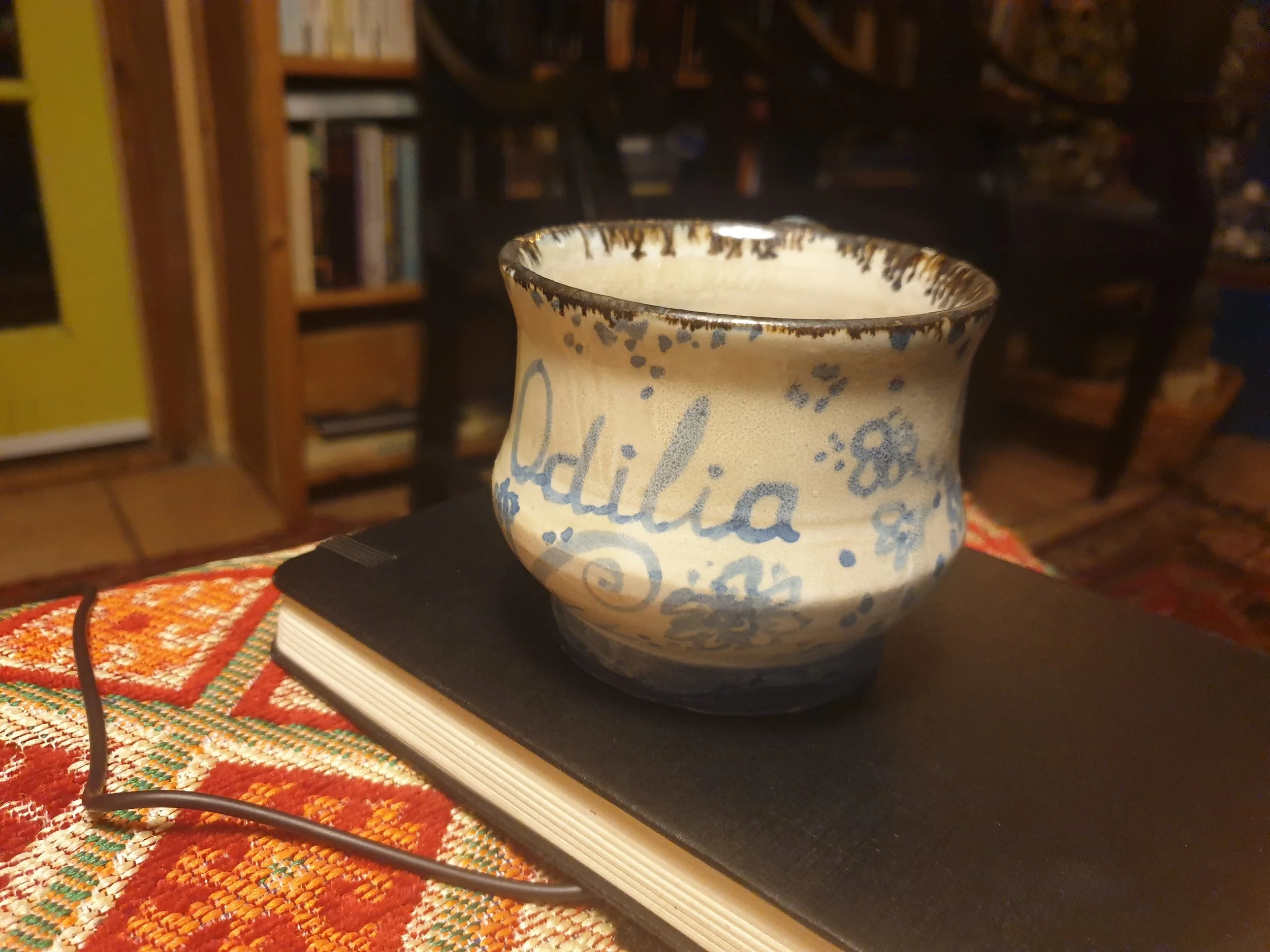 Een keramieke mok met blauwe decoratie en tekst, geplaatst op een boek op een tafel met een kleurrijk tafelkleed. Op de achtergrond een boekenkast.